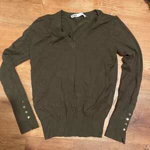 Zara Olive V-Neck Sweater with Button Detail